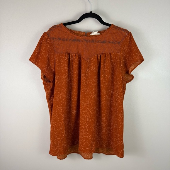 Perch by Blu Pepper 2XL Rust Lace Yoke Boho Short Sleeve Blouse Fall Casual Top - Picture 1 of 5